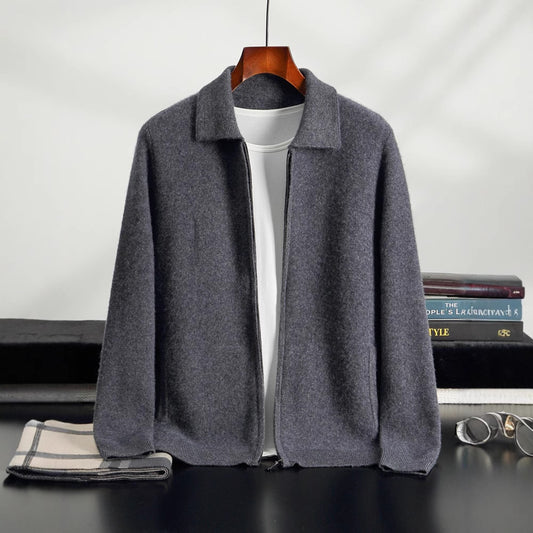 Men's solid-color warm knitted cardigan, dark gray with zip-front and collar, shown on a hanger over a white shirt.