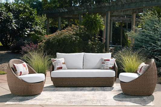 Beige Double Point Loveseat Swivel Chairs Set of 3 Patio Furniture-2