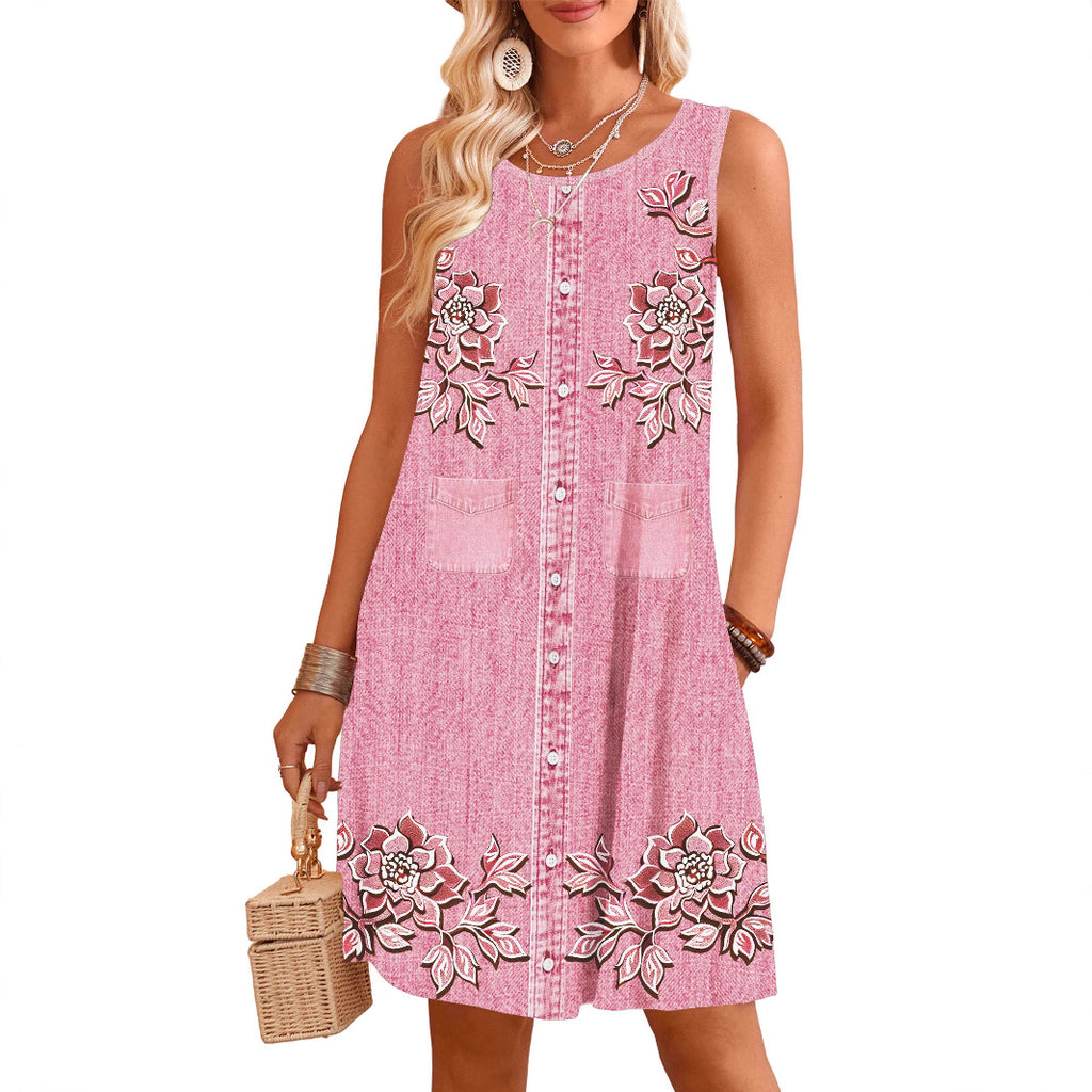 Sleeveless Straight-cut Loose-fitting Digital-print Slip Dress
