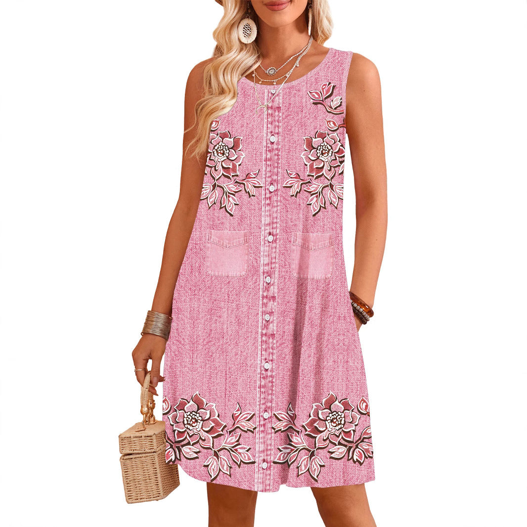 Sleeveless Straight-cut Loose-fitting Digital-print Slip Dress