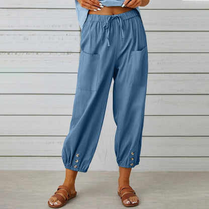 Pantalon ample taille haute en coton et lin avec boutons, coupe courte, jambes larges pour femme