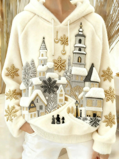 Men's casual sporty hooded sweatshirt in ivory with snow village embroidery by AdTec.