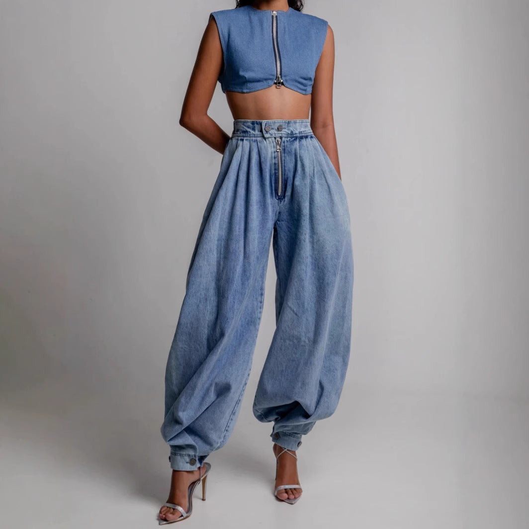Pantalon Sarouel en Jean Ample Taille Haute avec Fermeture Éclair