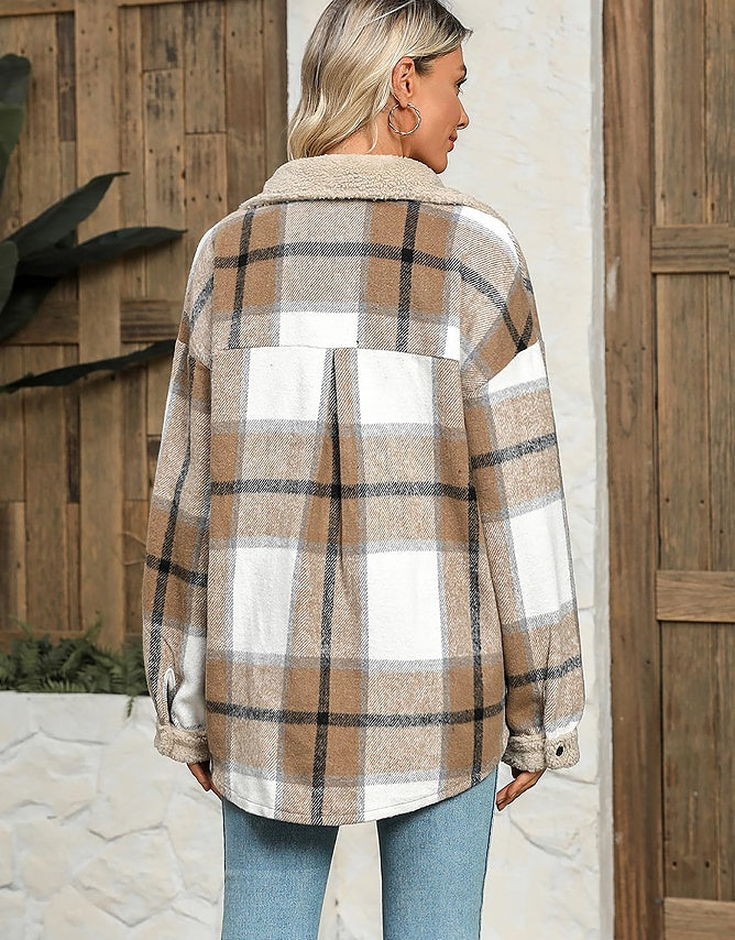 Veste décontractée en velours à col polo et à carreaux de couleur contrastée pour femme