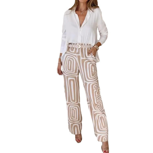 Traje de camisa de manga larga con solapa informal estampada y pantalones de pierna ancha para mujer