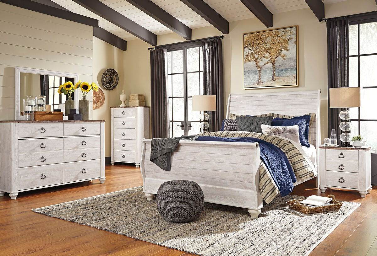 Willowton 6-Piece Sleigh Bedroom Set in Whitewash Furniture-0
