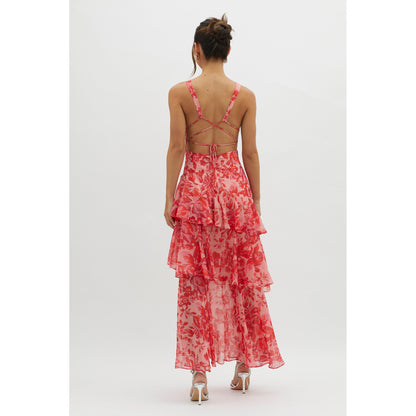 Women's Spaghetti-strap Floral Print Backless Multi-layer V-neck Dress