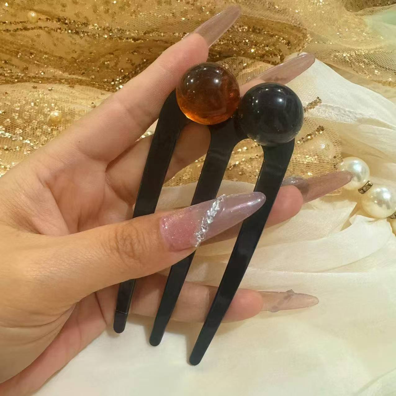Horquilla de tres dientes con cuentas sencilla, elegante y combinable para mujer