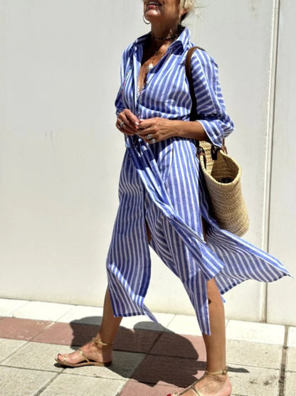 Vestido camisero a rayas con cinturón, a la moda, de media manga, solapa, botones, cárdigan, vestidos de ropa de mujer