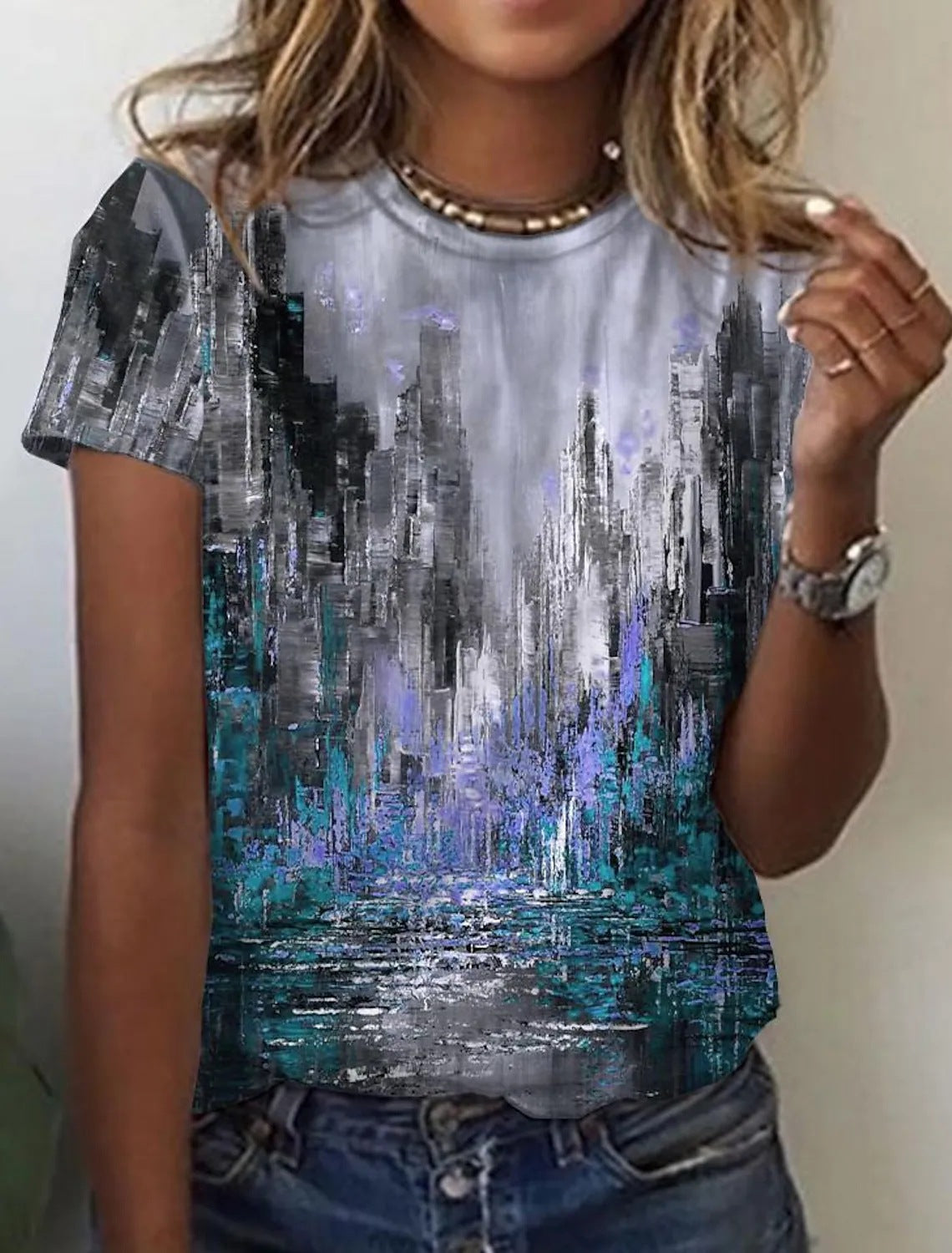 Manga corta con estampado retro abstracto para mujer de la nueva colección europea y americana