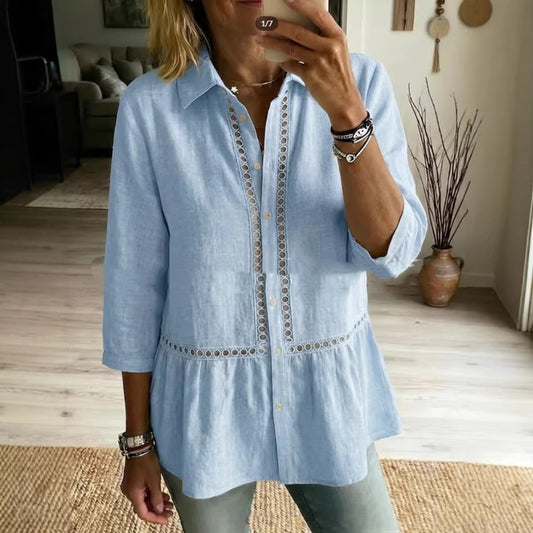 Camisa de algodón y lino con cinta tejida de flores patchwork