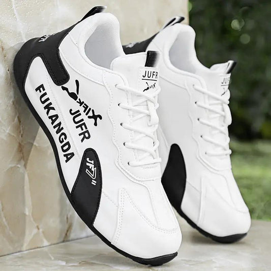 AuraStep height boosting non-slip men's running sneakers, white with black accents (pair)