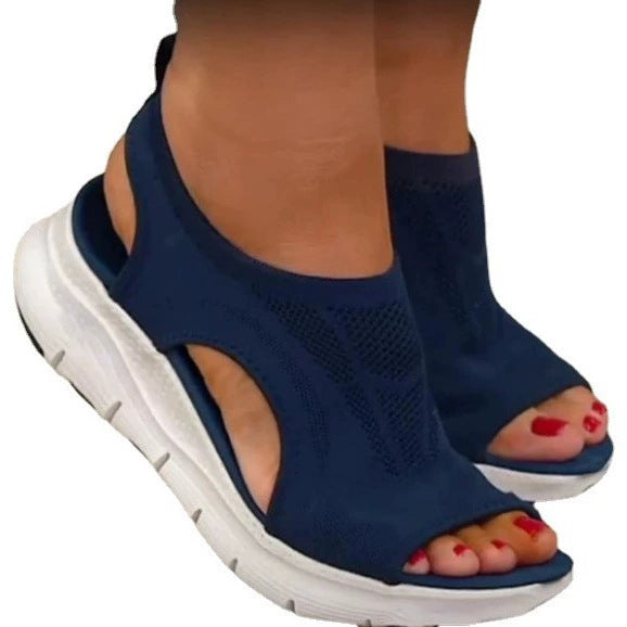 Zapatos de viscosa tejidos voladores con boca de pescado, sandalias planas de color liso