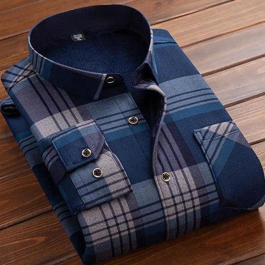 Men's fleece-lined plaid flannel shirt, blue plaid by AdTec, casual outerwear.