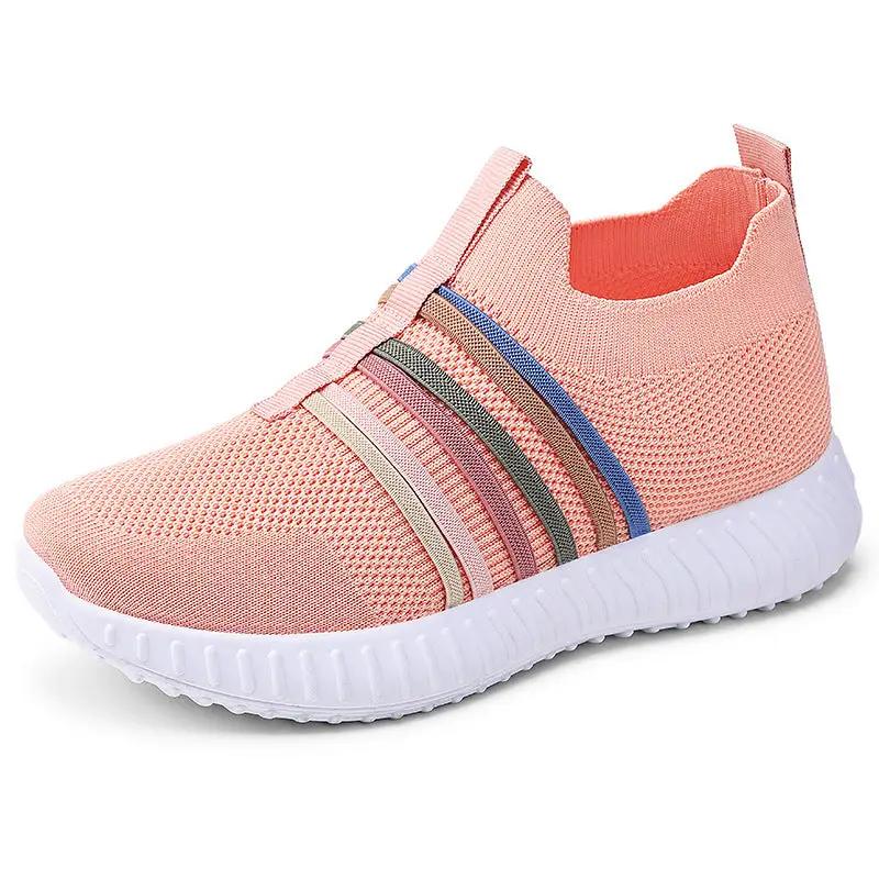 Women's pink breathable mesh casual sneakers with white cushioned sole and multicolor stripe overlays