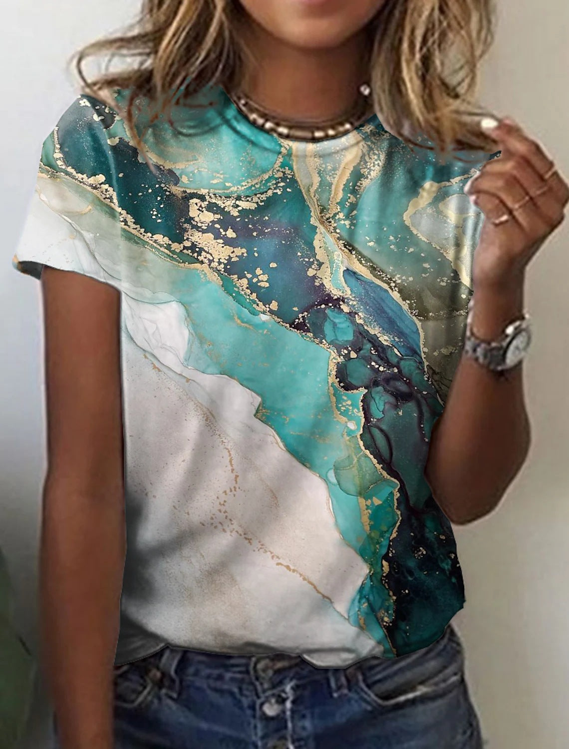 Manga corta con estampado retro abstracto para mujer de la nueva colección europea y americana
