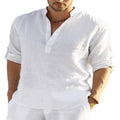 Chemise Décontractée Homme Coton Lin Couleur Unie Manches Longues Col Montant Ample