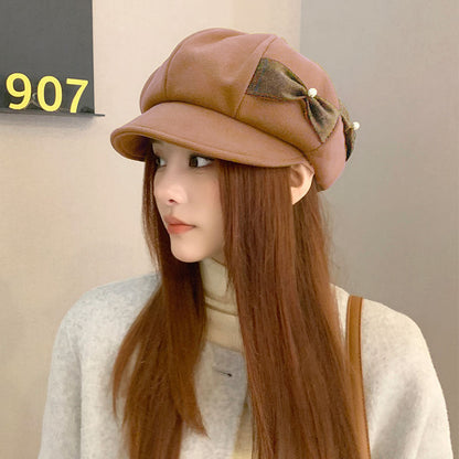 Béret Tendance avec Nœud de Perles de Mode Amincissant le Visage