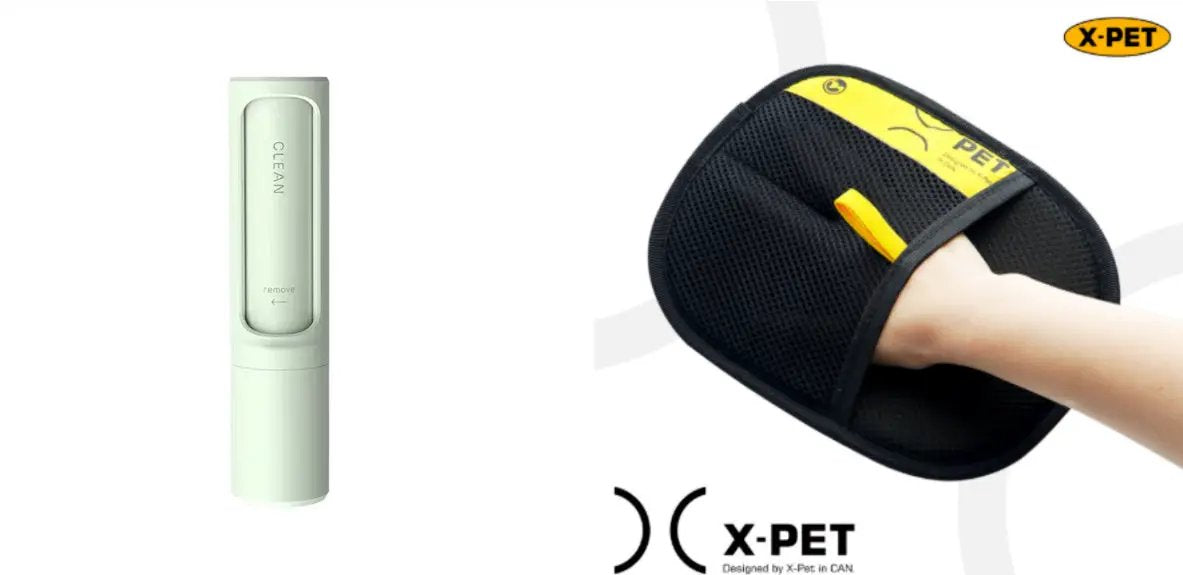 X-PET 2-in-1 reusable pet hair remover set: white self-cleaning tool and black handheld fur brush