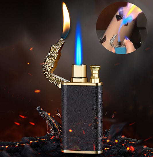 Encendedor creativo de llama azul, delfín, dragón, tigre, doble llama, metal, cortavientos, encendedor inflable.