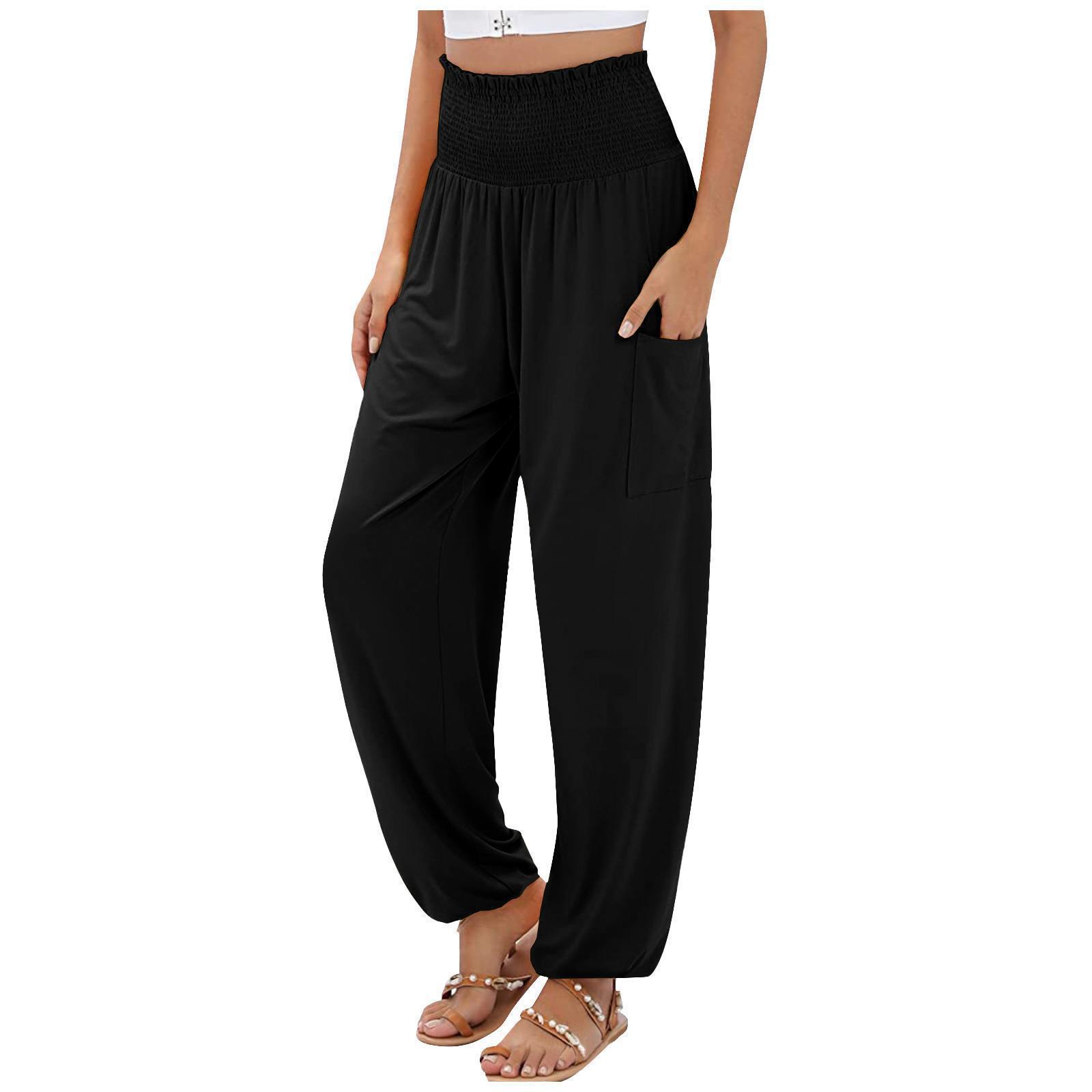 Pantalones casuales de talle alto y pierna ancha con cintura elástica