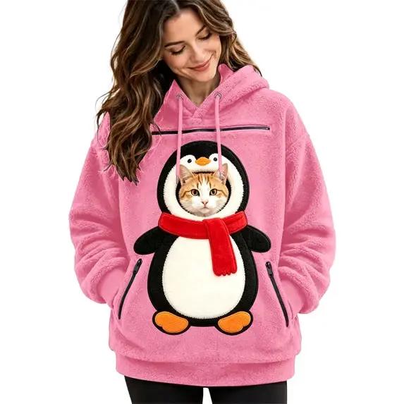 Pet Christmas 3D Printed Hooded Pullover Sweatshirt in pink with penguin graphic and red scarf by AdTec