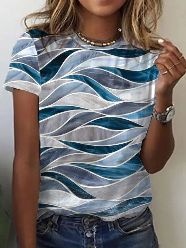 Manga corta con estampado retro abstracto para mujer de la nueva colección europea y americana