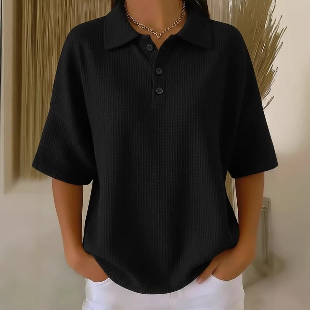 Buttoned Waffle-knit Short-sleeve T-shirt Solid-color Pullover Top