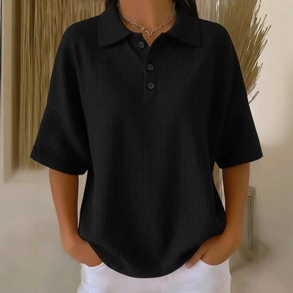 T-shirt boutonné en tricot gaufré à manches courtes, coupe pull, couleur unie
