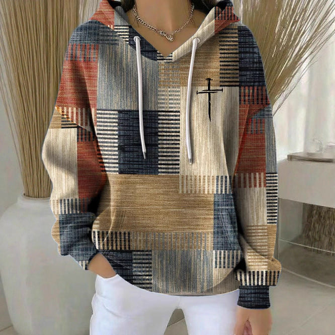 Sweat à capuche décontracté et élégant pour femme avec un motif à carreaux classique