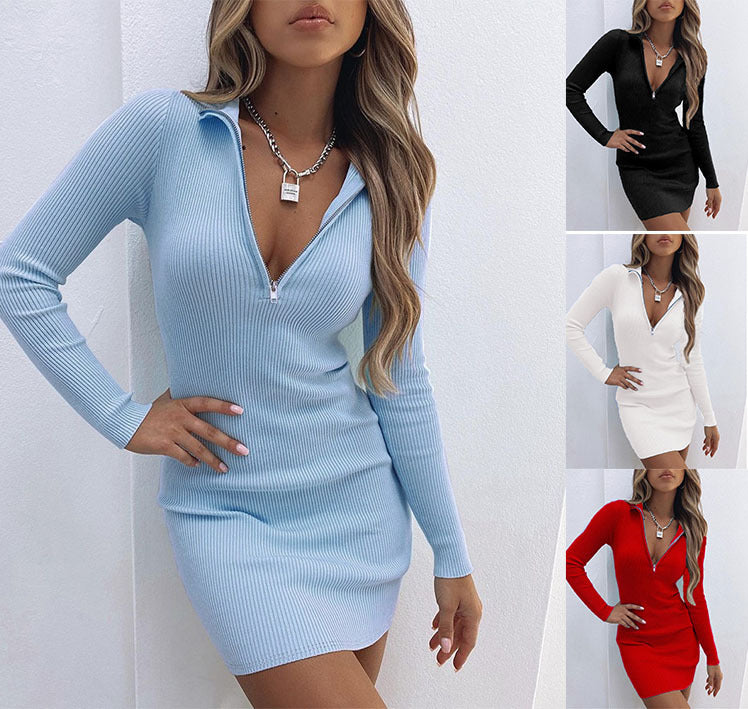 Vestido con cuello polo, cremallera, cintura alta y mangas largas para otoño