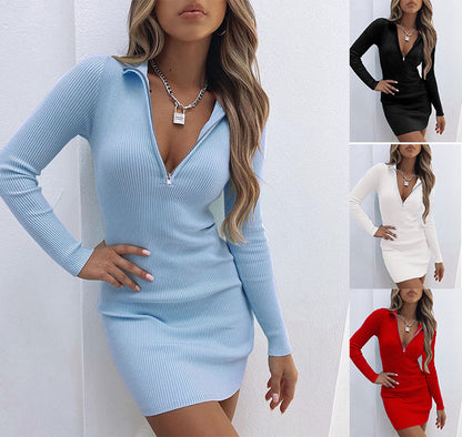 Vestido con cuello polo, cremallera, cintura alta y mangas largas para otoño