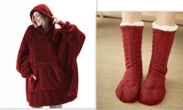 Hoodie sweatshirt and red knit boot socks 2-piece set; front-pocket fleece hoodie and white-fur cuff socks