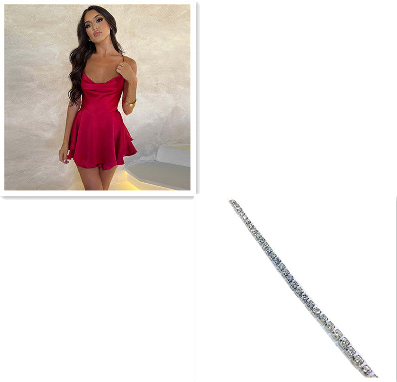 Sexy Falda de Tirantes para Mujer Elegante Ajustada con Tirantes de Satén Sin Espalda con Cordones Vestido Corto Acampanado para Mujer