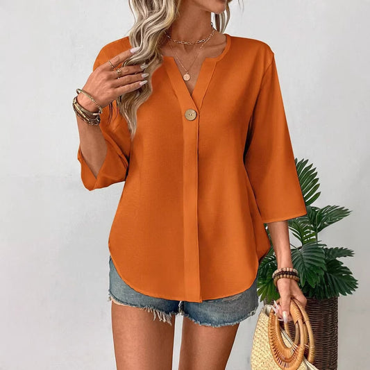 Camisa Casual de Color Liso Holgada con Cuello de Pico Pequeño y Botones