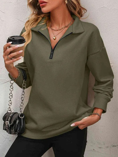 Sweat-shirt zippé mi-manches pour femmes, pull à la mode
