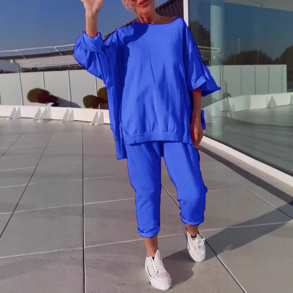 Casual Solid Color Round Neck Long Sleeve Top Two-piece Pants