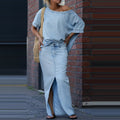 Two-piece Skirt Suits Fashion Loose Bat-sleeved Short Sleeve Top And Slim Fit Slit Maxi Skirt Patchwork Chic Outfit Women's Clothing