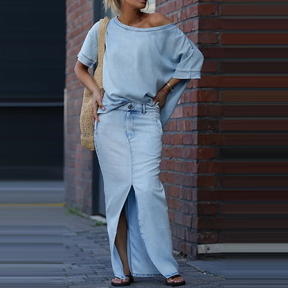 Ensemble jupe deux pièces tendance : haut ample à manches chauve-souris et manches courtes, jupe longue fendue cintrée, patchwork chic. Vêtements pour femmes