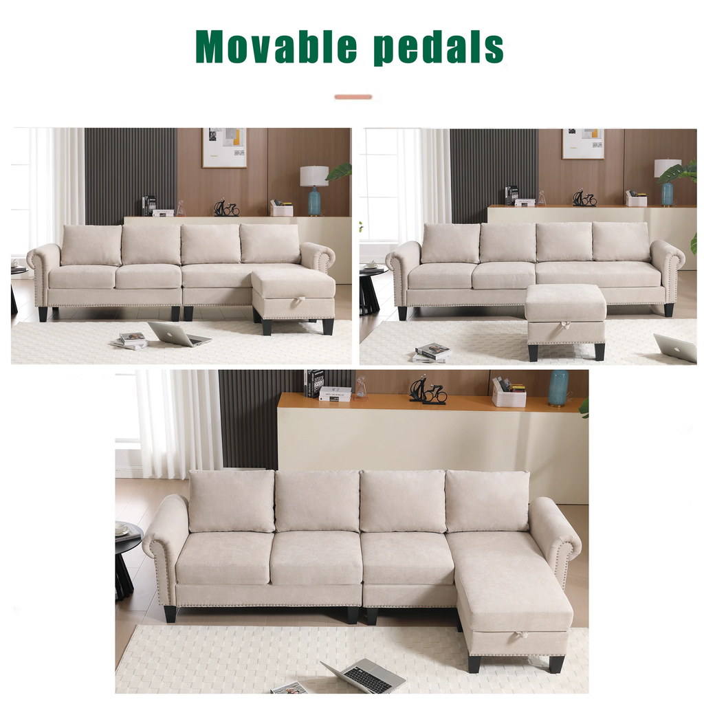 Convertible Sectional Sofa with Storage,L-shaped sofa,Four-seater sofa,Modern Linen Fabric Sectional Couches Beige by eprolo