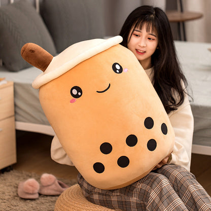 Peluche Boisson Fruitée Mignonne en Forme de Fraise Lait Thé Peluche Jouet Tasse à Thé Boba Oreiller Coussin Thé aux Perles Cadeau pour Enfants