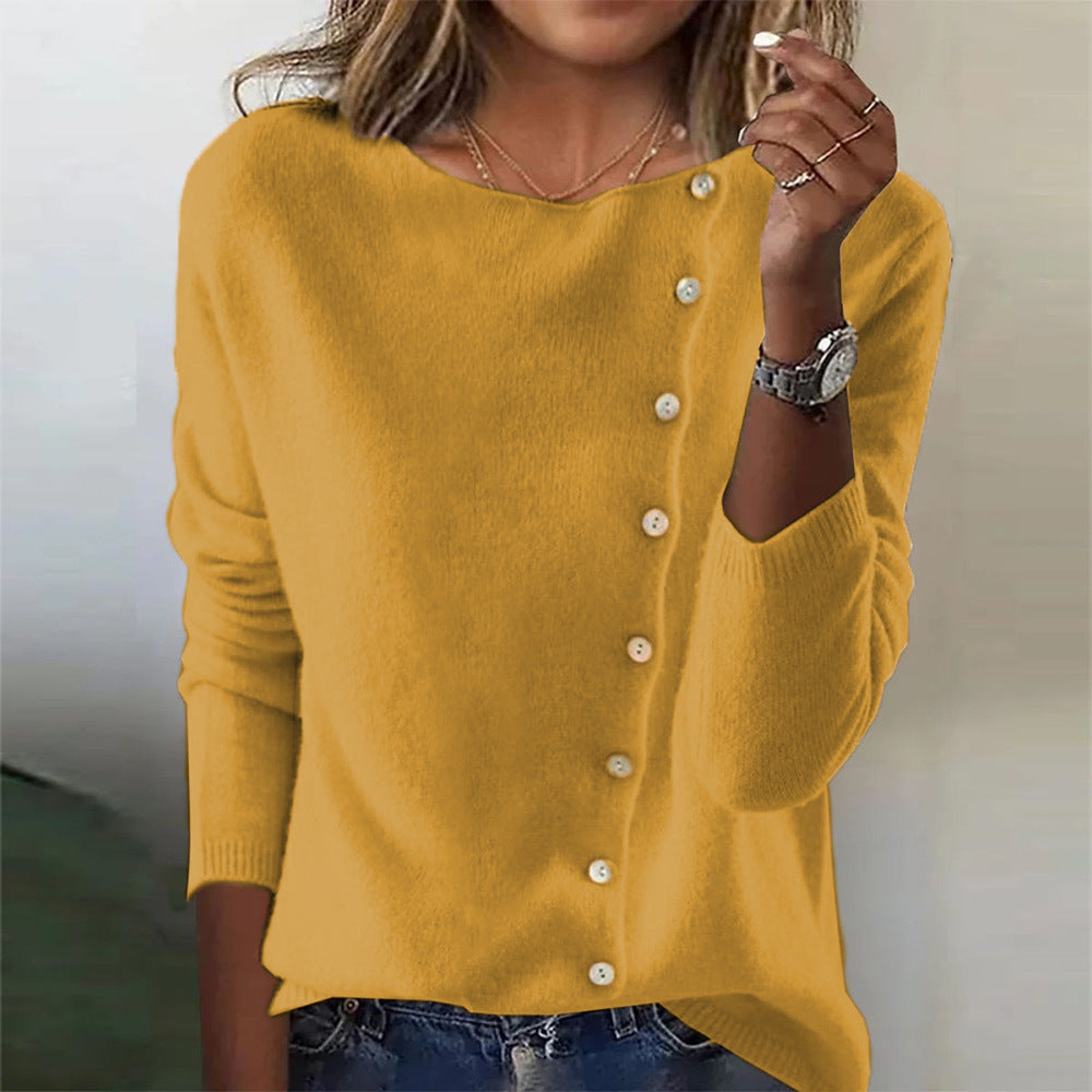 Élégant pull à col rond et manches longues avec boutons pour femme, pulls tricotés printemps-automne