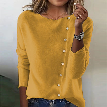 Élégant pull à col rond et manches longues avec boutons pour femme, pulls tricotés printemps-automne