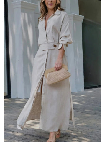Robe chemise élégante à manches longues, unie et cintrée pour femme
