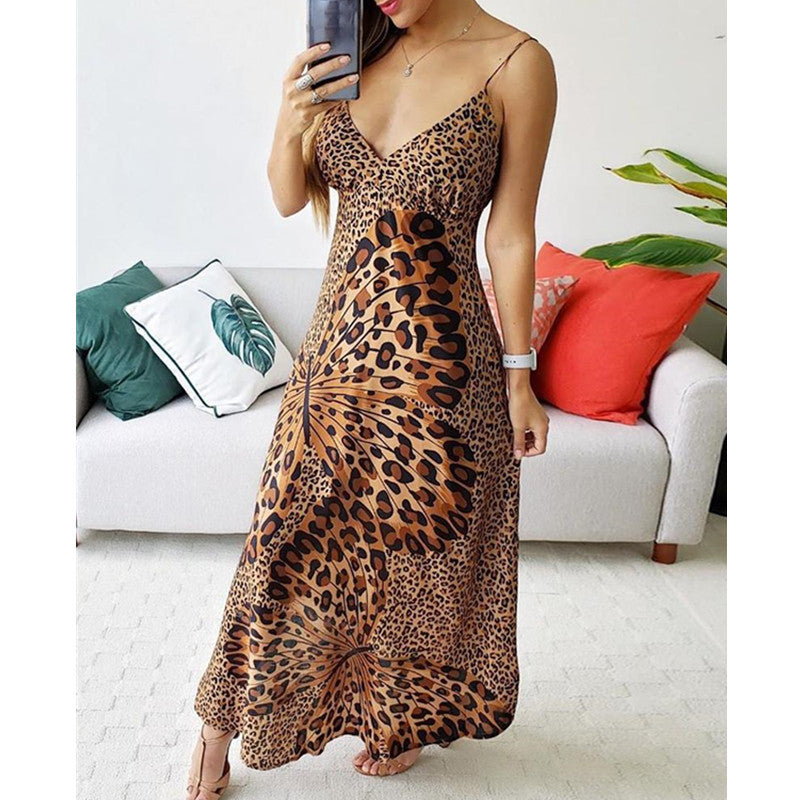 Nouvelle robe à bretelles imprimé léopard et papillons pour femme