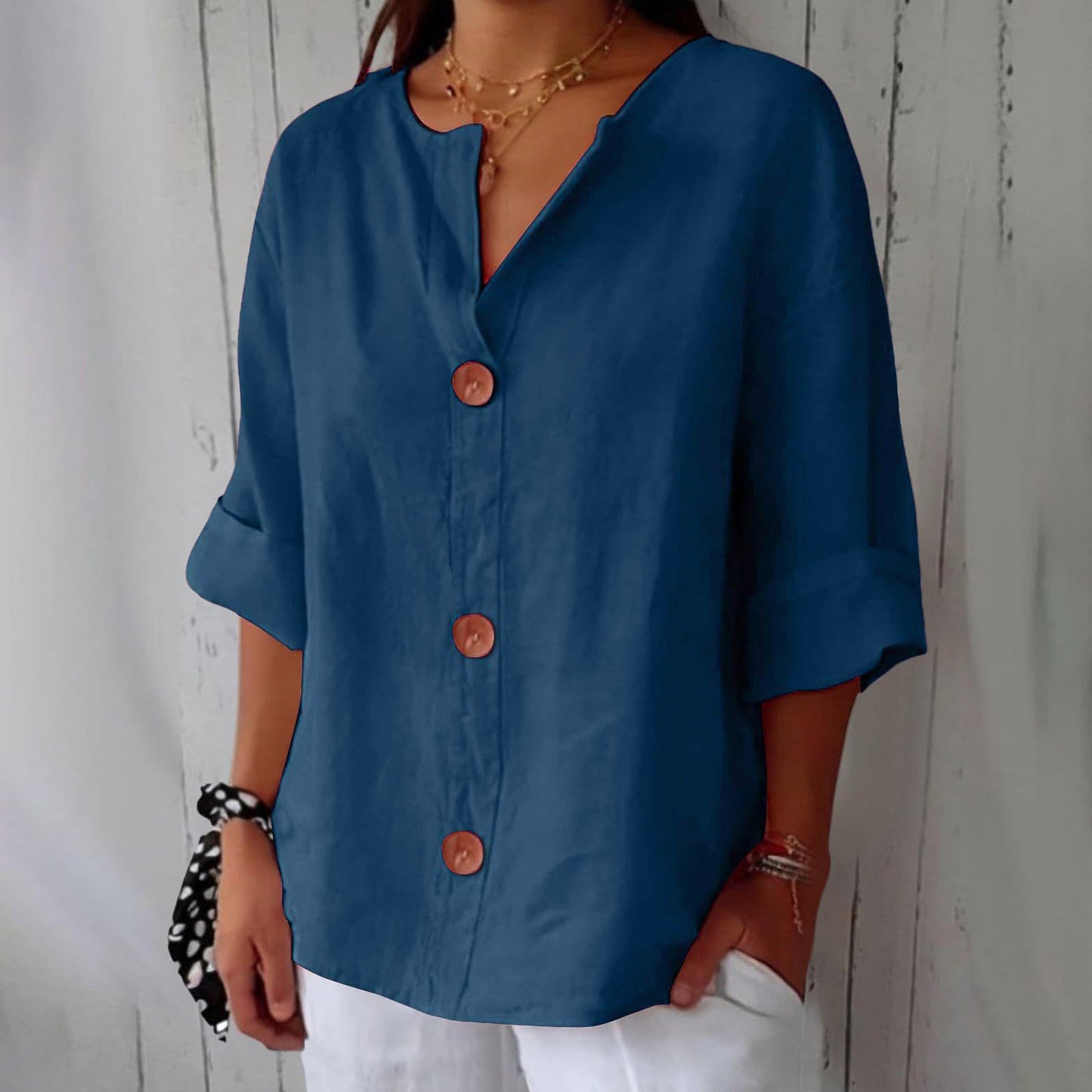 Chemisier boutonné femme en coton et lin col en V