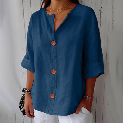 Chemisier boutonné femme en coton et lin col en V
