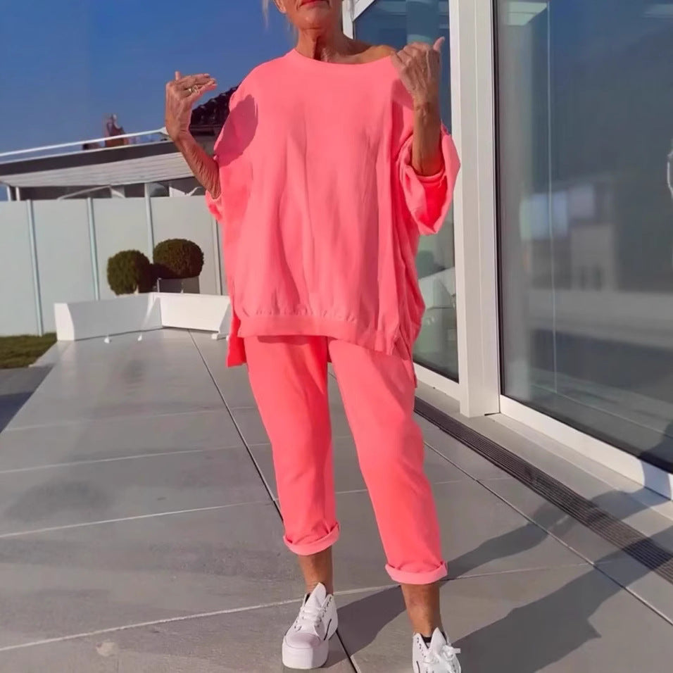 Casual Solid Color Round Neck Long Sleeve Top Two-piece Pants