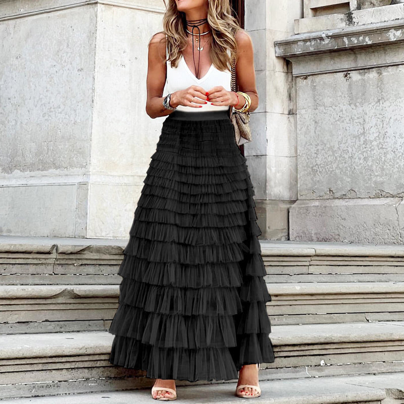 Jupe superposée à volants, mode d'été, jupe longue trapèze en maille, robe de soirée pour femmes