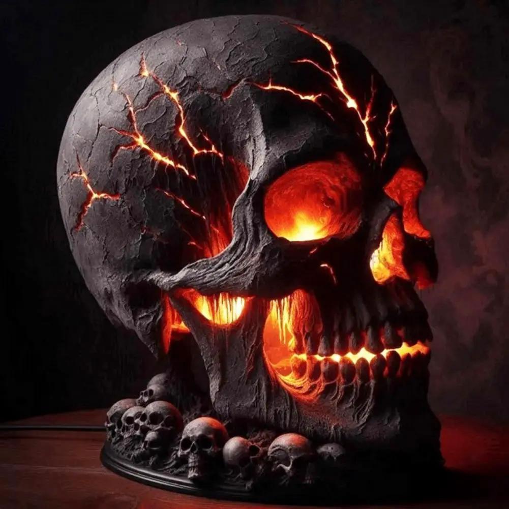 Lava Stone Skull Lamp by AdTec, Halloween skull desk lamp with orange LED glow and skulls on base.